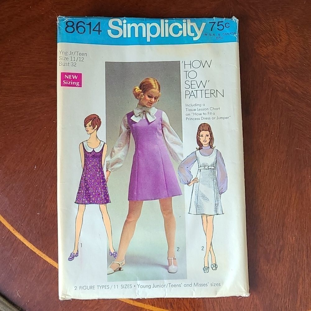 3/$15 Vintage 1969 Simplicity Dress and Blouse sewing Pattern 8614 